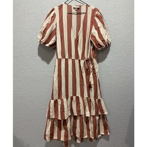 Knox Rose Women's Striped Balloon Sleeve Tiered Wrap Midi Dress Sz L Boho